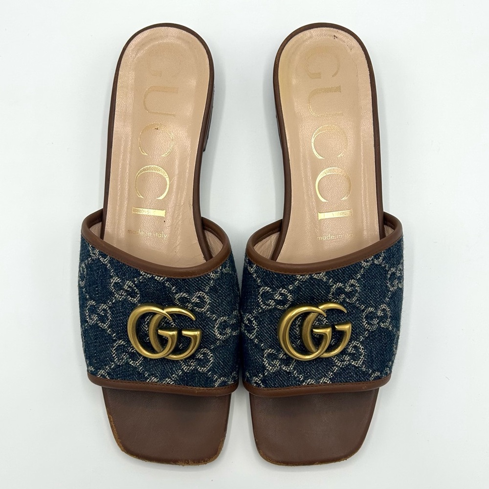 Gucci Marmont Jolie Matelasse Sandal Slides Denim Canvas GG 38